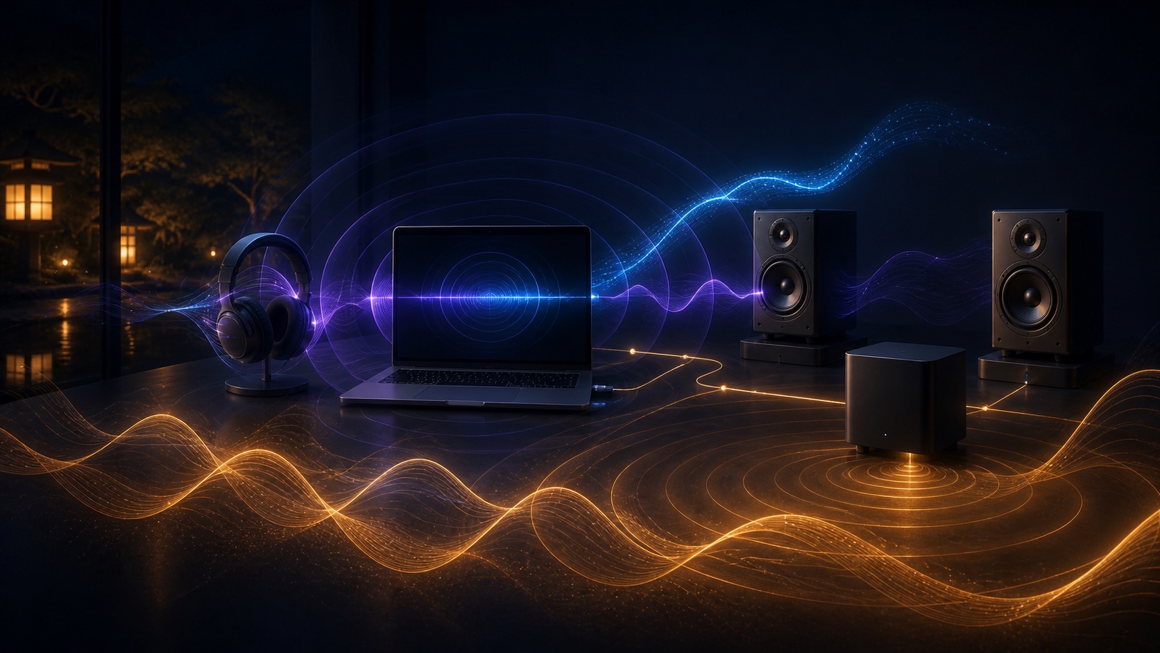 A Mac and headphones using a connected external audio system as the low-frequency foundation