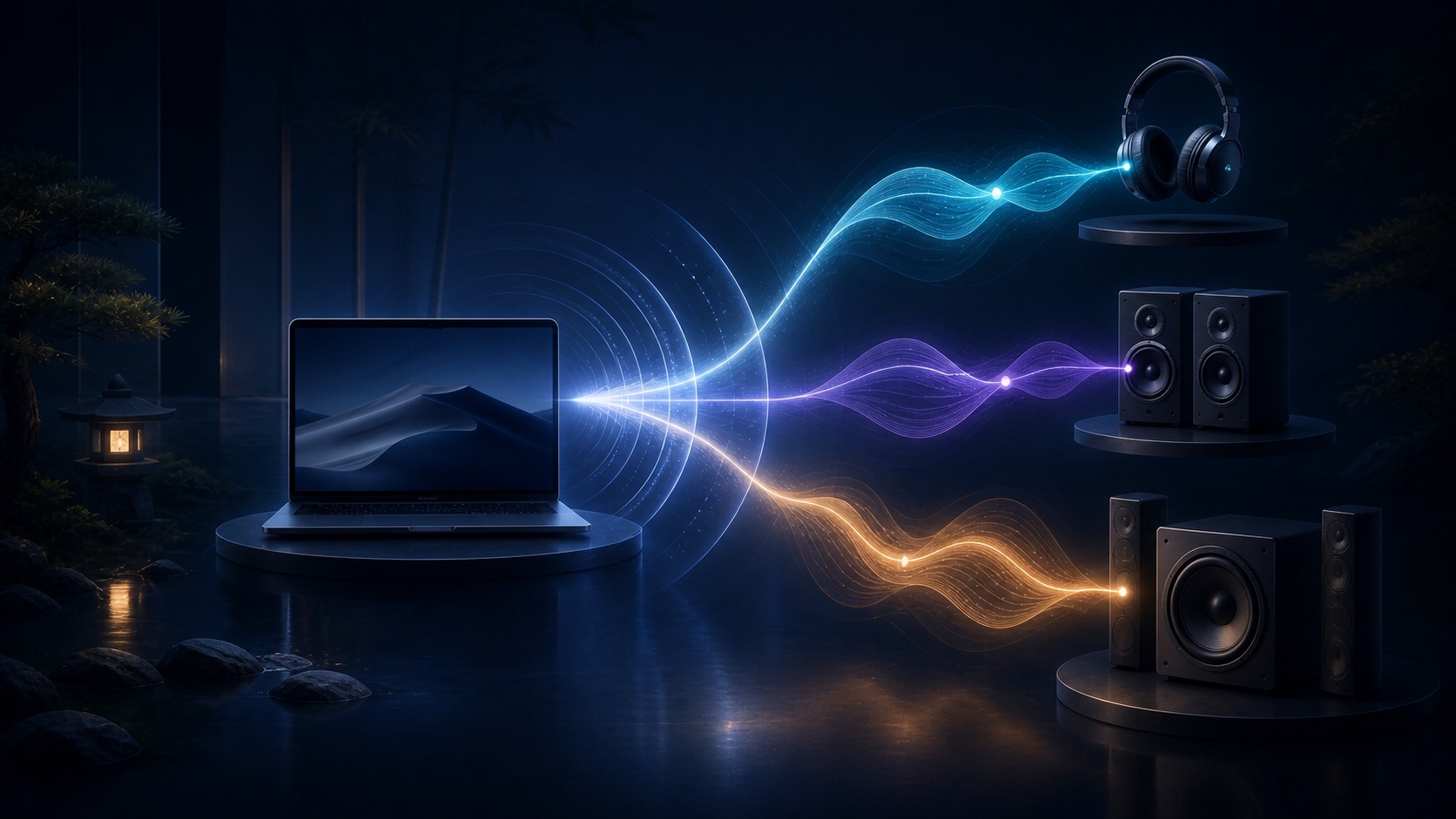 One Mac simultaneously routing cyan, violet and amber frequency bands to three different outputs