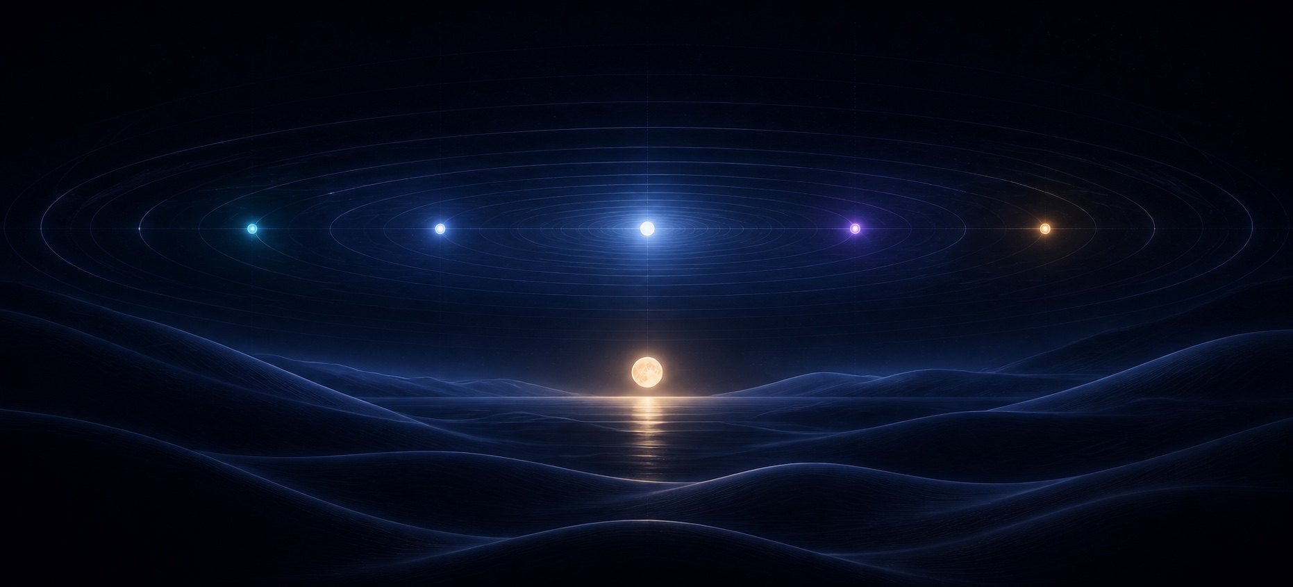 Moonlit Nagi signature landscape with violet and cyan water